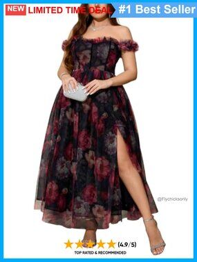 Plus Size Floral Tulle Formal Midi Dress Slit